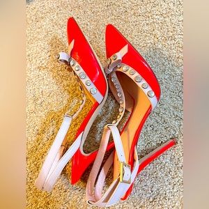 Kate Spade orange, rhinestone pumps with classy bow